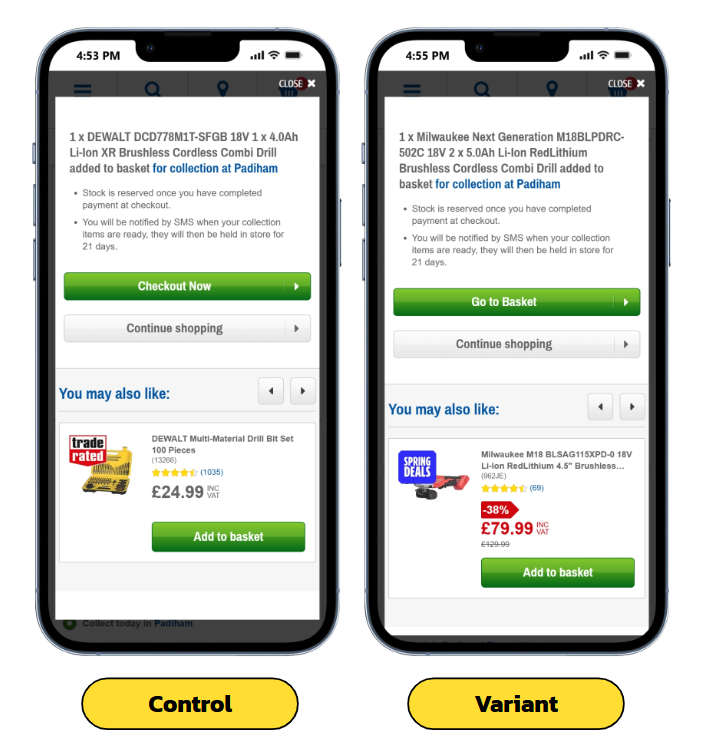 Control versus Variant of the add-to-bag interstitial: Control's primary CTA reads Checkout Now, the Variant reads Go to Basket