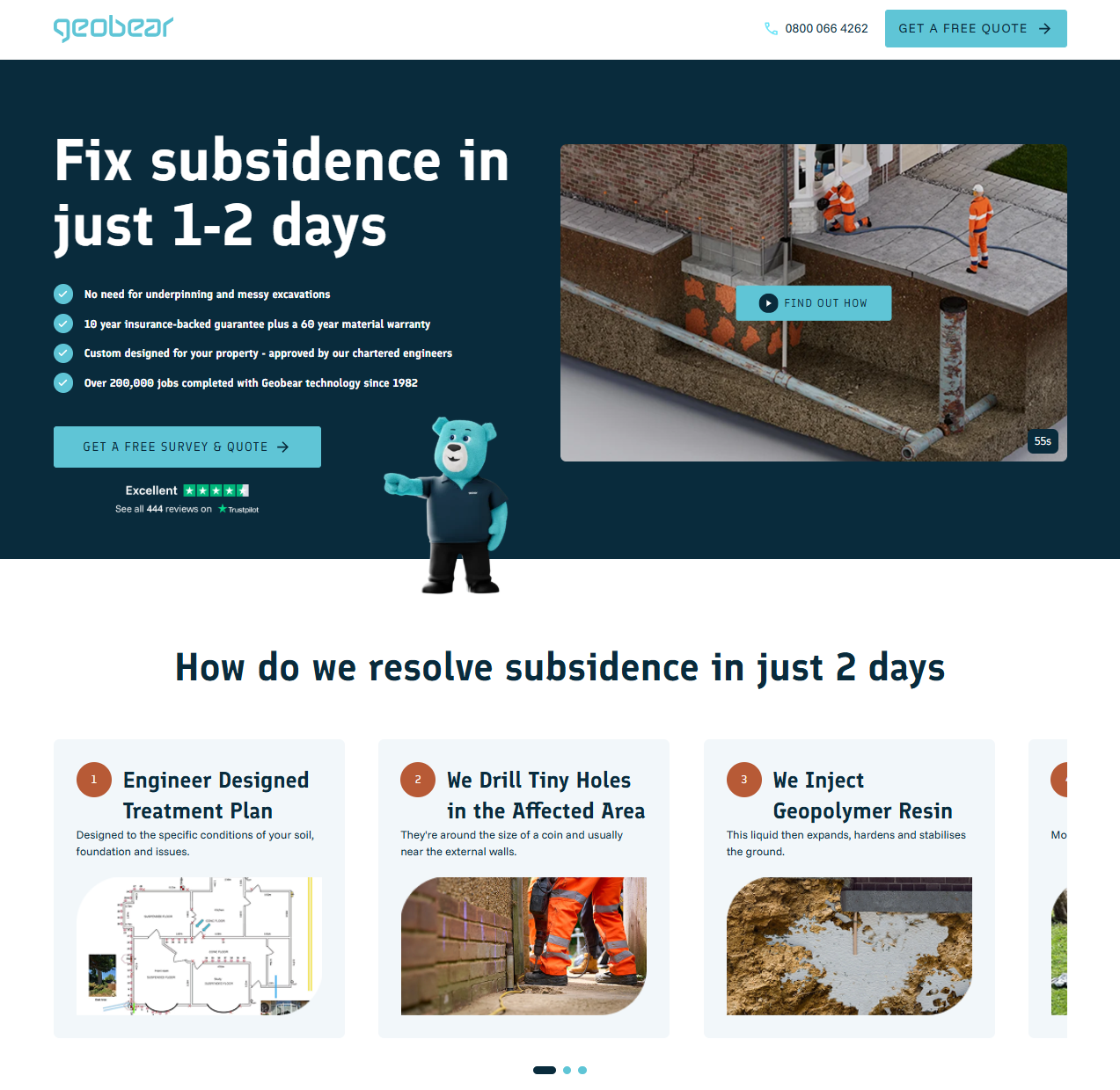 Geobear residential landing page: hero module with background video, Trustpilot widget, and mascot illustration.