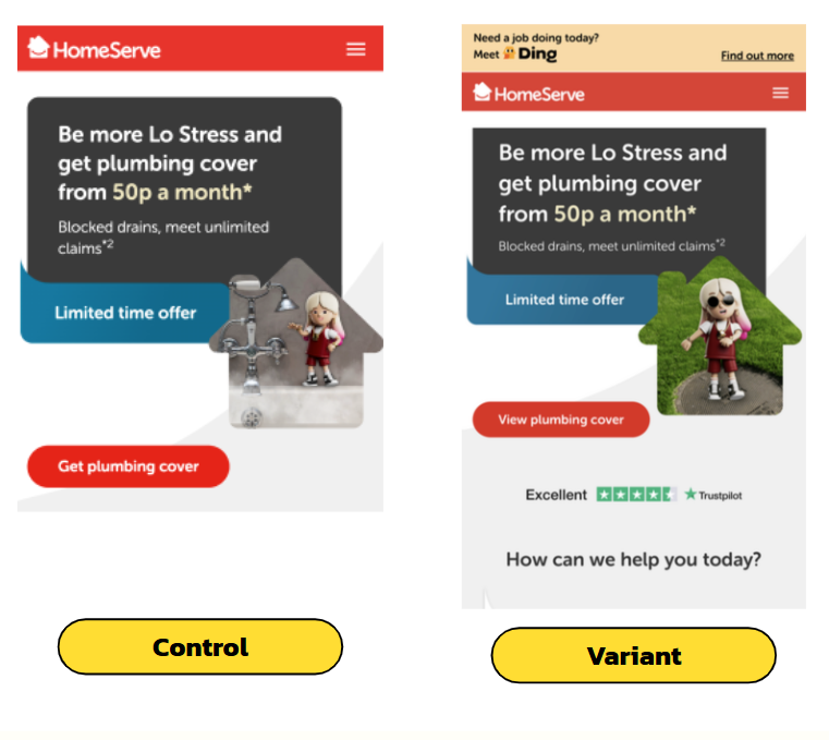 The HomeServe page with and without the global Ding stripe: control, and the variation with a 'Meet Ding' stripe injected above the site header.