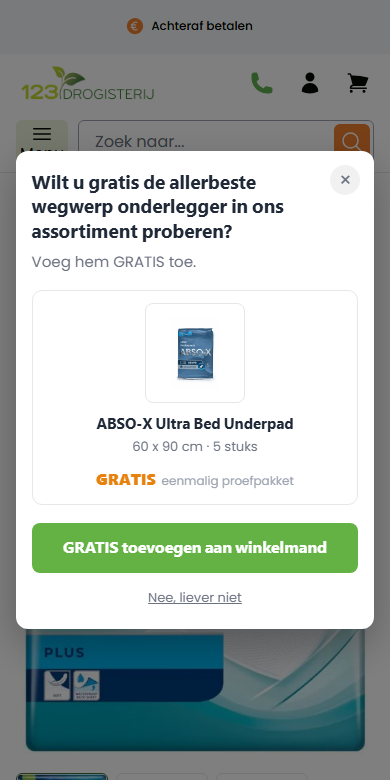 The same free-sample popup at a 390 pixel mobile width: card stacked, image centered above the copy, full-width GRATIS button.
