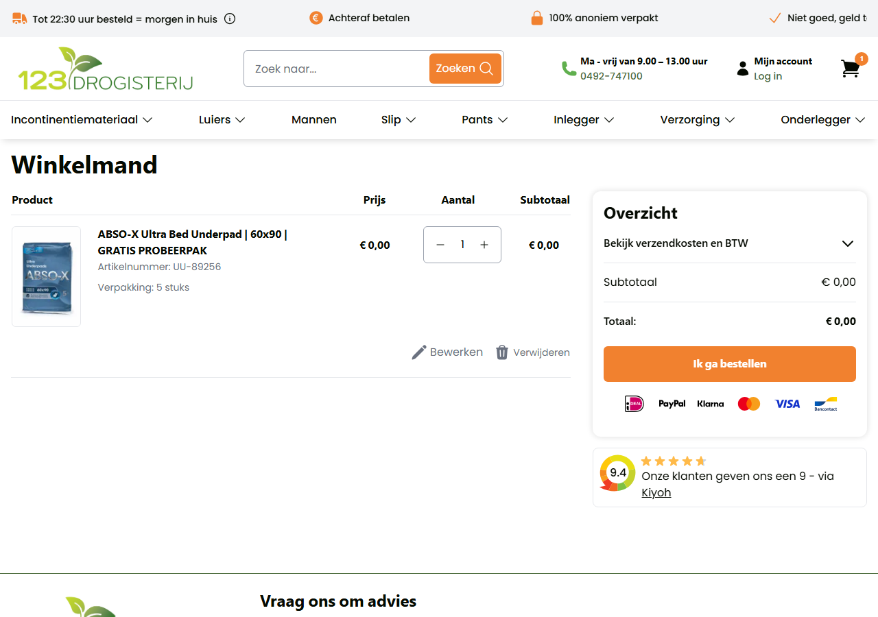 The 123drogisterij cart page after the CTA click: the ABSO-X Ultra Bed Underpad sample line priced at €0.00, subtotal and total both €0.00, and the mini-cart badge in the header showing 1.