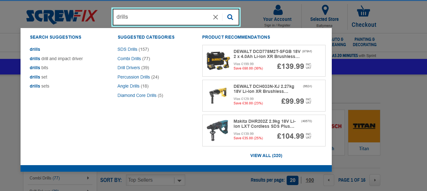Screwfix custom search dropdown with three columns: search suggestions, categories, and product recommendations. Optimizely Edge Variant 2 shipped sitewide on desktop.