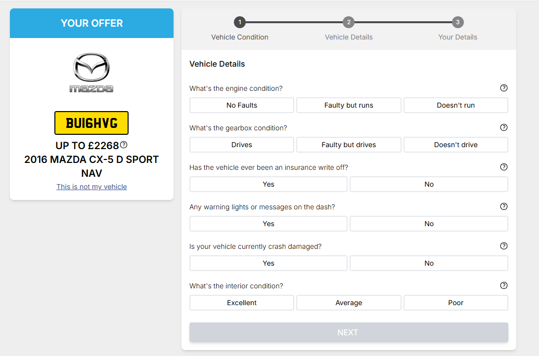 The existing two-column Vehicle Details step, with an offer sidebar on the left and a three-step progress indicator above the form