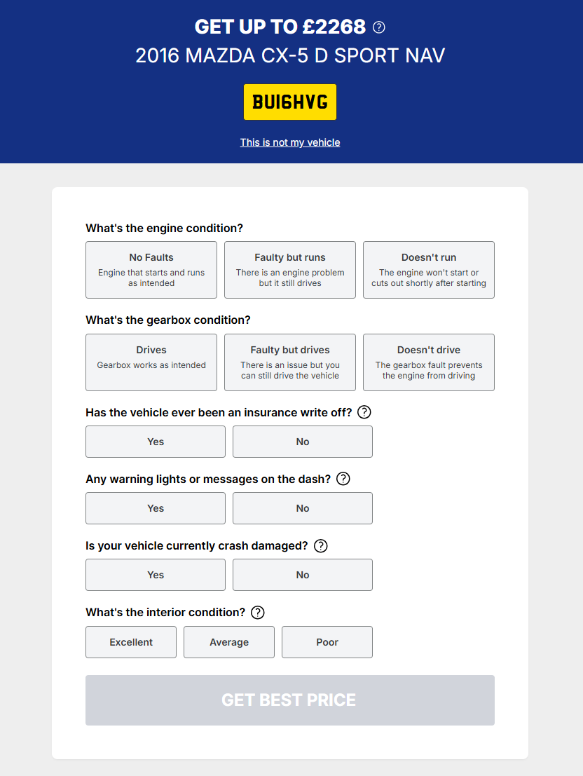 The single-column variation with the offer in a top banner, larger answer buttons, inline descriptions on the first two questions, and a restyled call to action